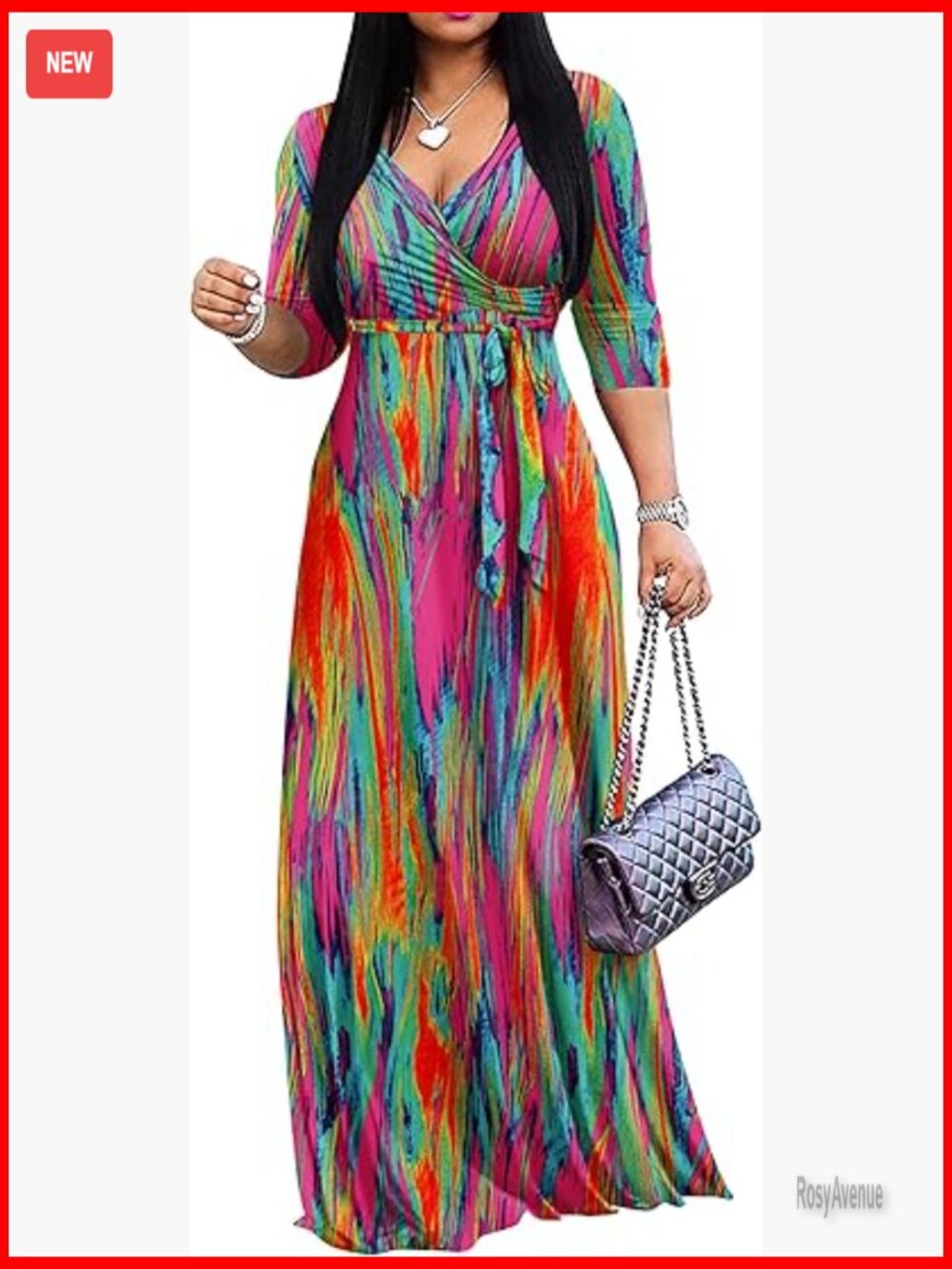 V Neck Wrap Maxi Dress with Tie Belt 3/4 Sleeve - Picture 1 of 7